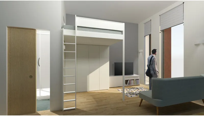 Residential unit interior with white lofted bunk bed, light wood flooring, and a figure standing near the door