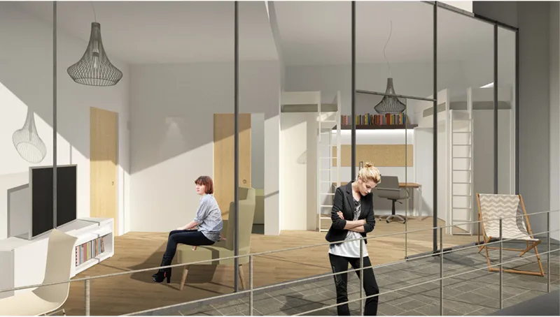 Living space with glass partition wall, pendant lighting, and two figures beside a lofted bed structure