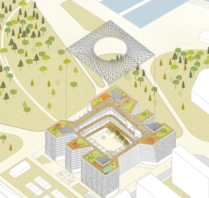 Axonometric drawing showing rectangular courtyard block with rooftop gardens and a latticed dome structure beyond