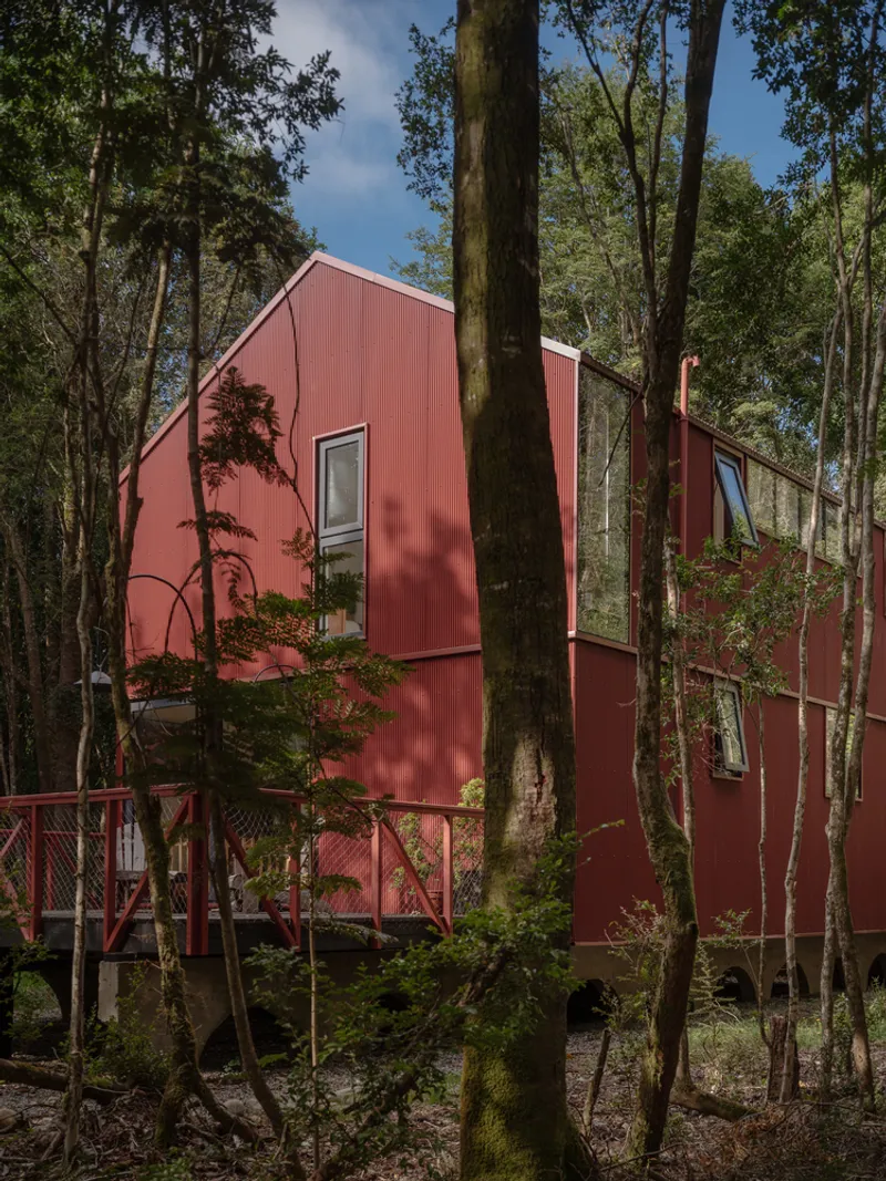 Red corrugated metal gabled facade with scattered windows and exterior stair among forest vegetation