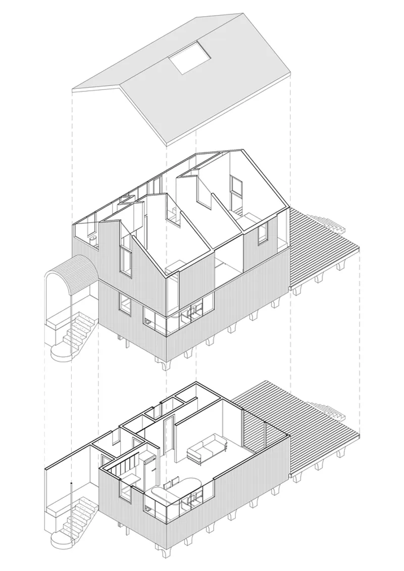 Axonometric drawing showing a two-story house with exploded roof and floor levels revealing interior spaces