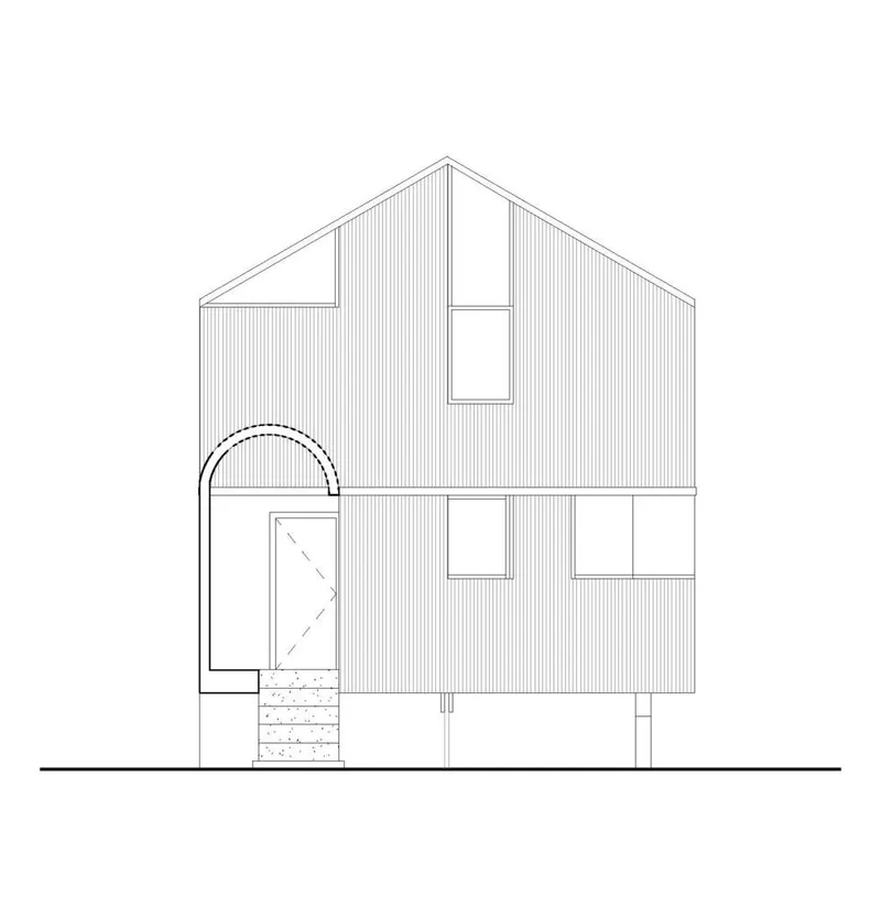Elevation drawing featuring a pitched roof volume with arched entry canopy and vertical cladding