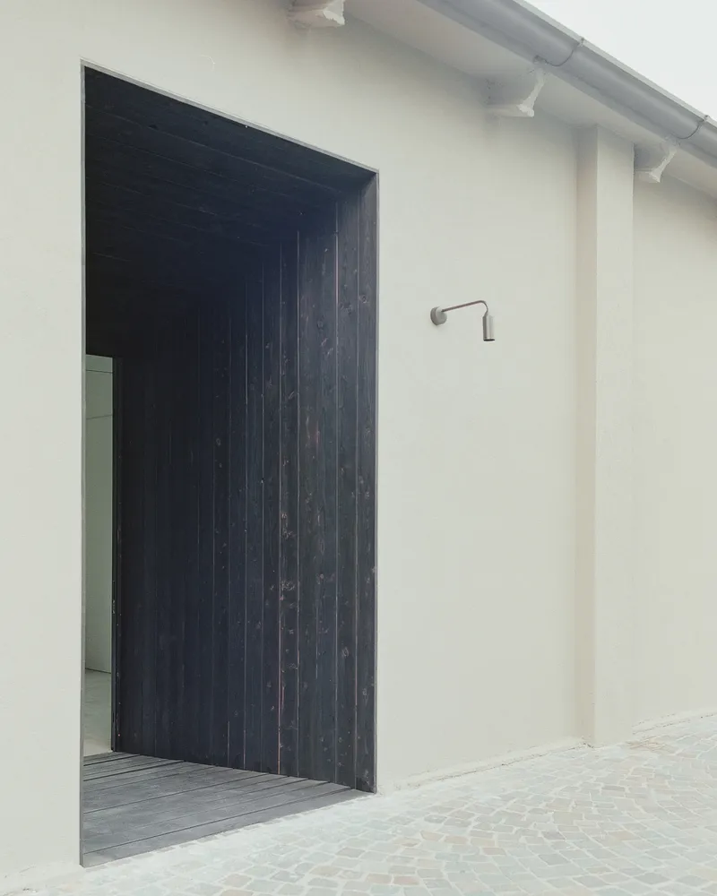 Exterior entrance with charred timber vertical cladding and pivoting door beside a pale rendered wall