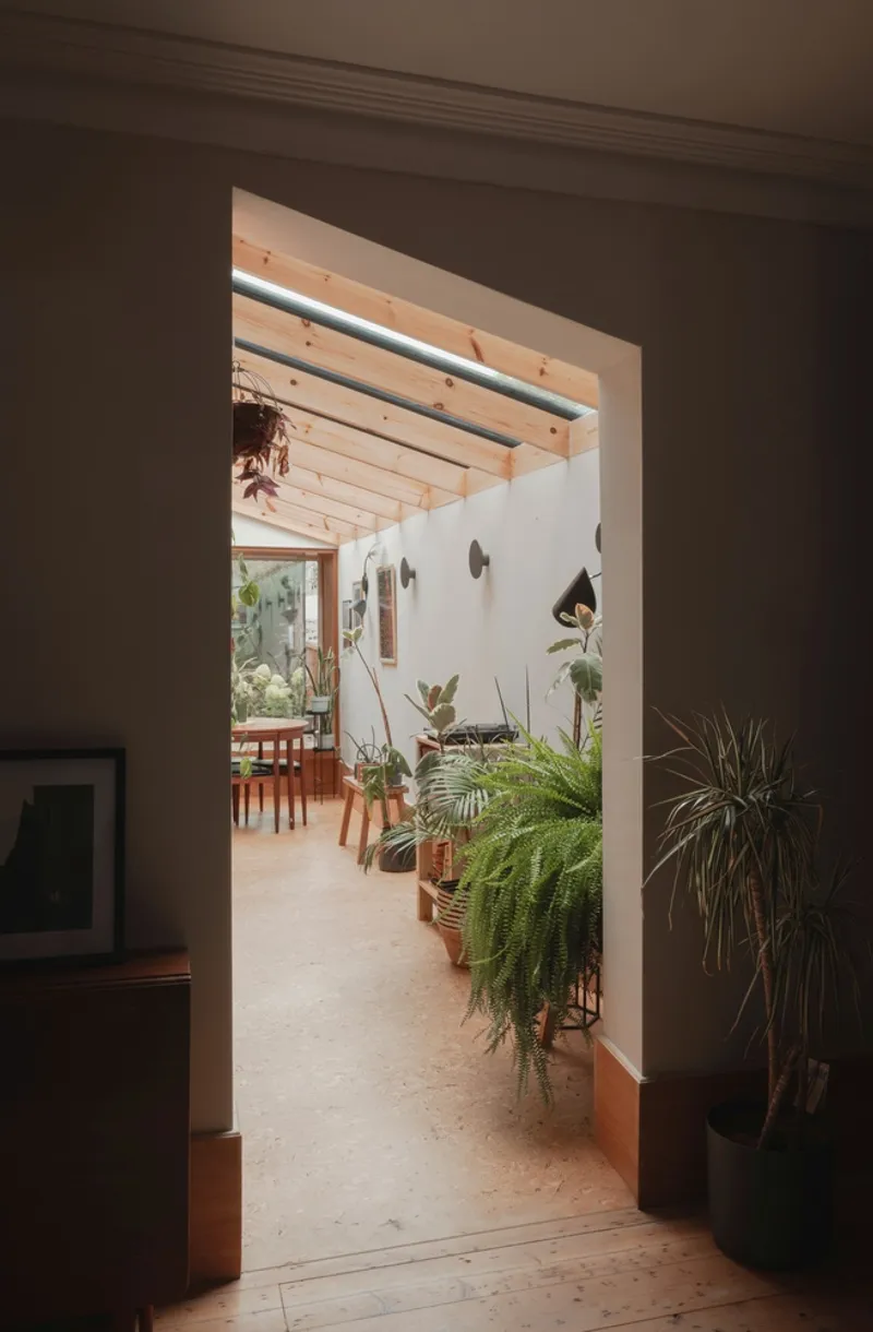 Doorway from a darkened room framing the sunlit kitchen and dining space filled with potted ferns
