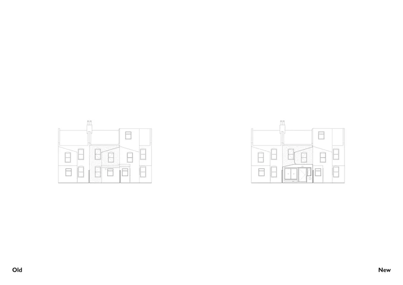 Rear elevation drawing comparison showing original facade and proposed glass projection at ground level