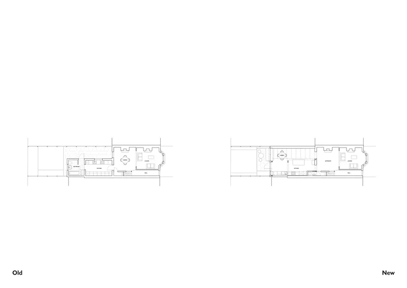 Floor plan comparison showing original compartmentalized layout and revised open configuration with crenellated rear wall