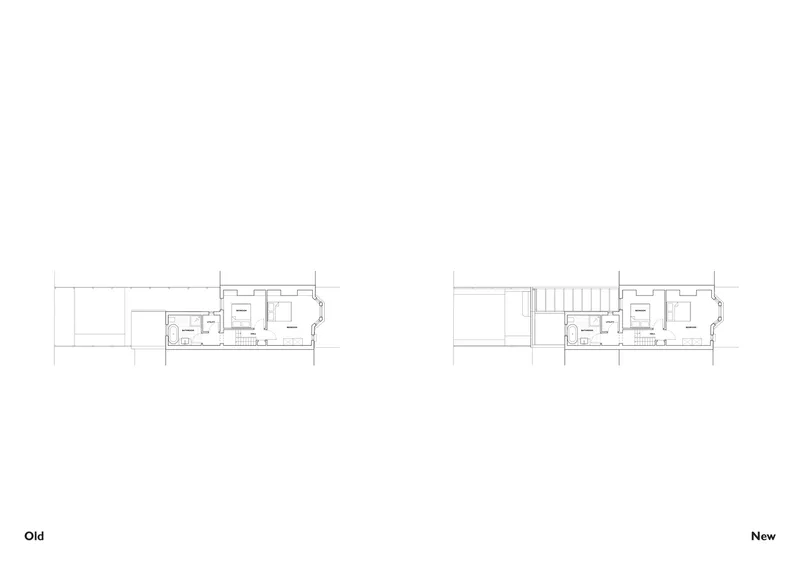 Upper level floor plan comparison showing bedroom arrangements before and after with added staircase volume