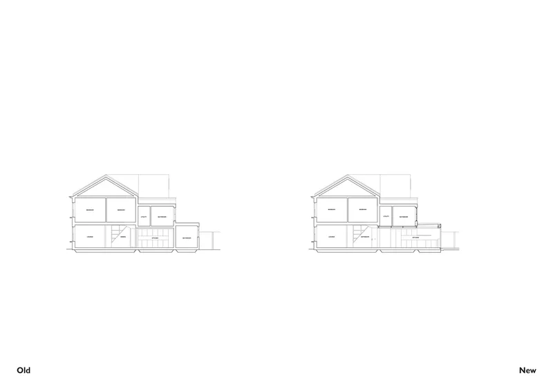 Section drawing comparison revealing original and extended rear volumes with pitched roof and stepped levels