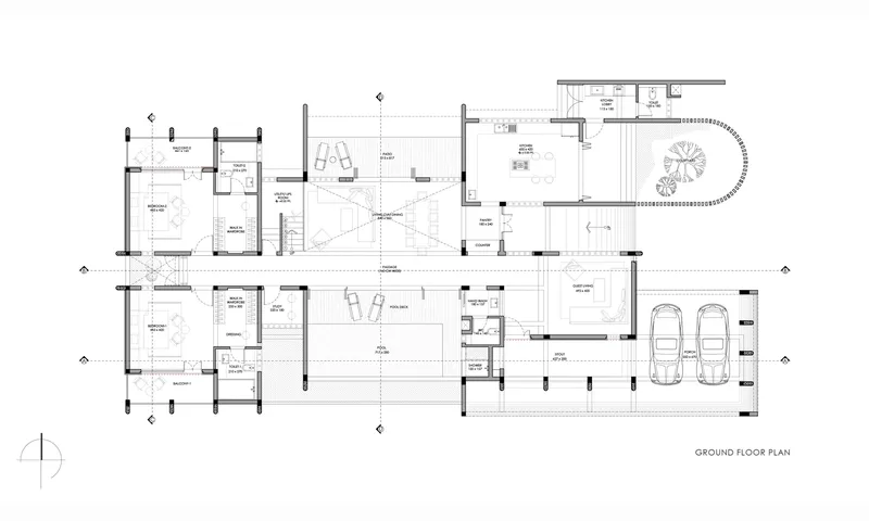 Ground floor plan drawing showing split-wing layout with central courtyard and curved stair volume