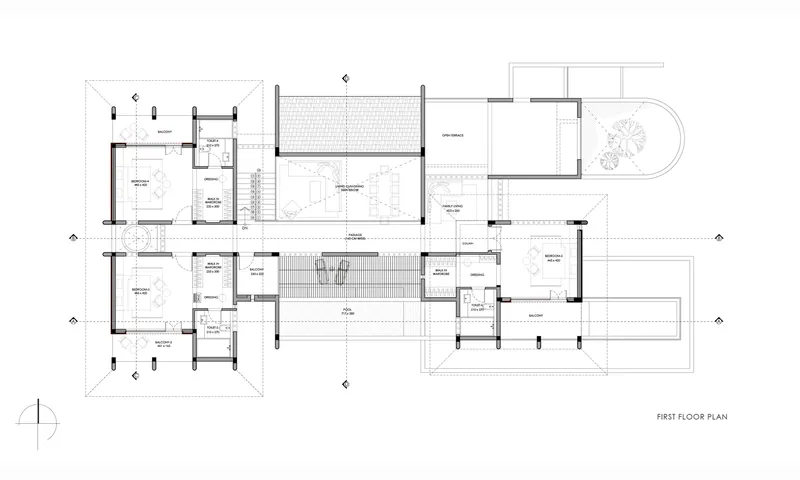 First floor plan drawing showing upper level rooms organized around a central double-height void
