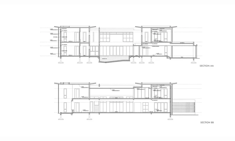 Section drawings showing the split-level interior spaces with central double-height volume and flat roofs
