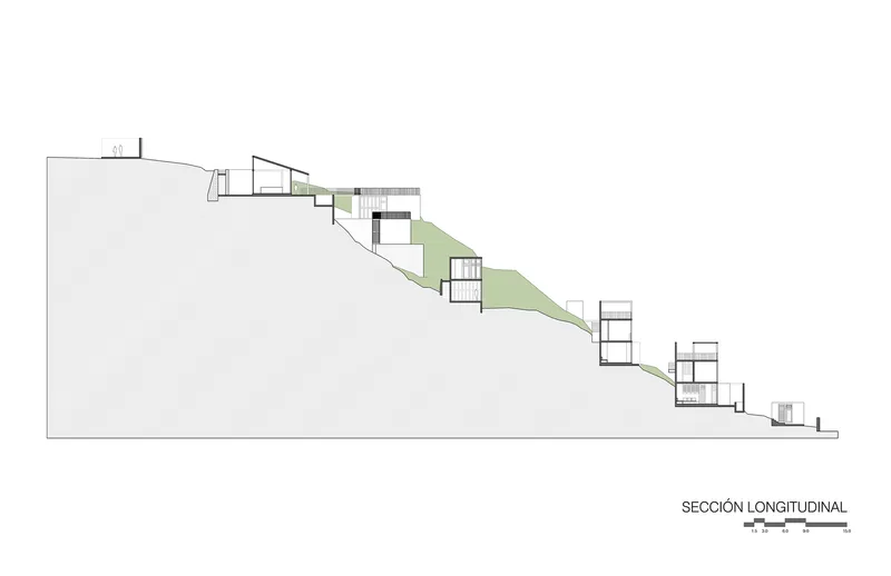 Longitudinal section drawing showing structures stepping down the hillside toward the lower elevation