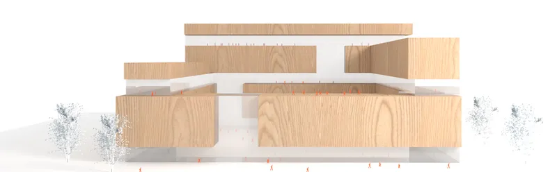 Elevation drawing showing stacked timber-clad volumes with scattered trees in snow