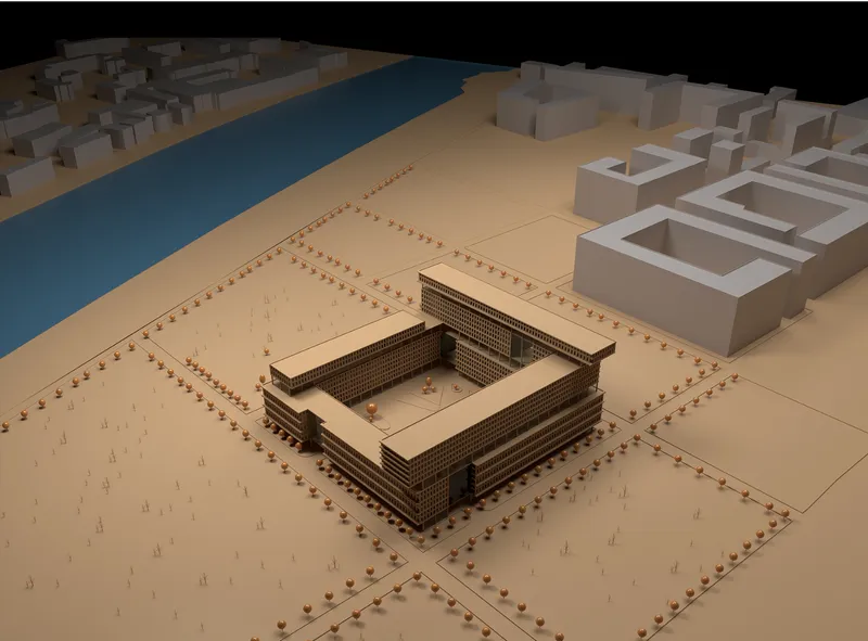 Physical model showing a courtyard building form surrounded by plaza and river context
