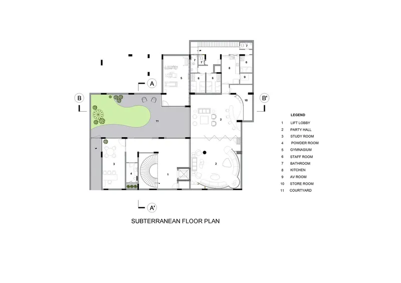 Subterranean floor plan with organic courtyard pool and curved staircase connecting interior rooms