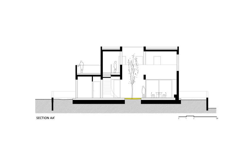 Section drawing revealing split-level interior spaces with stairs and courtyard trees between figures