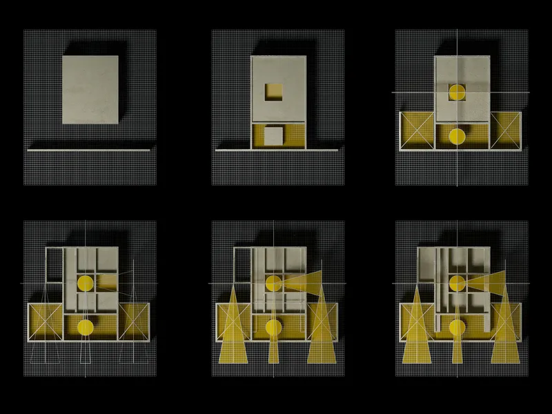 Plan drawing sequence showing yellow geometric forms emerging progressively across six floor levels