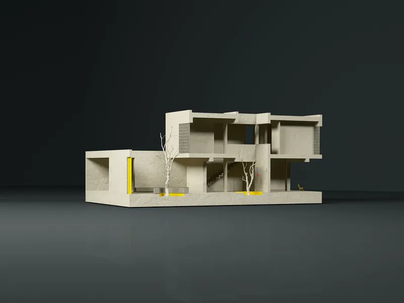 Physical sectional model revealing interior spaces with yellow columns and bare winter trees