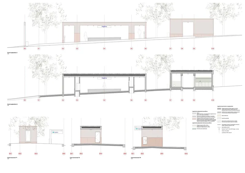 Elevation and section drawings illustrating pavilion structures with overhanging roofs and tree surroundings