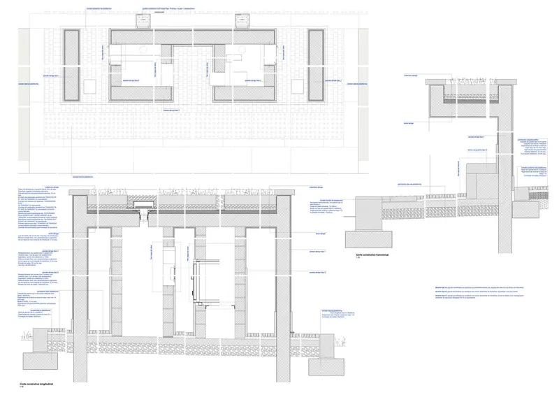 Plan and detail drawings showing building layout with interior spaces and material notations