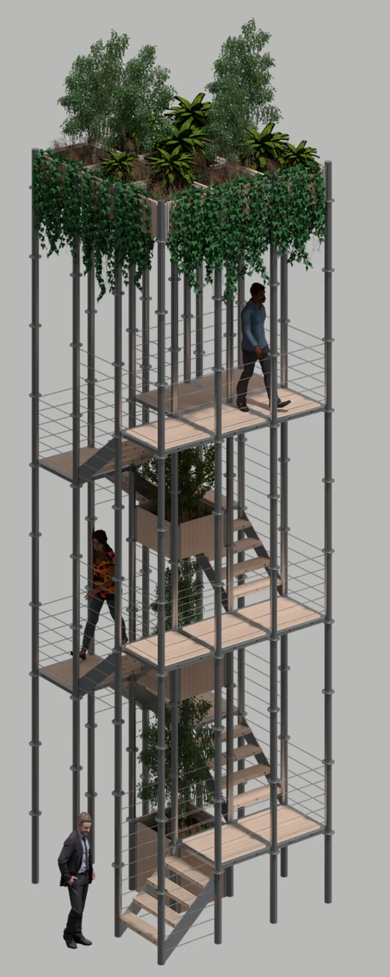 Axonometric rendering of a vertical tower structure with steel columns, timber platforms, plantings and figures at different levels