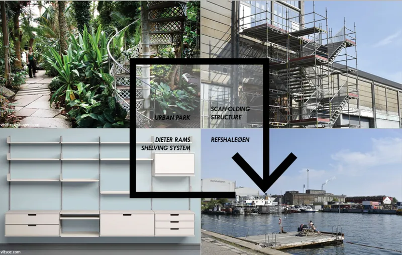 Collage showing a planted pathway, white modular shelving system, scaffolding on a building, and waterfront view with cyclists