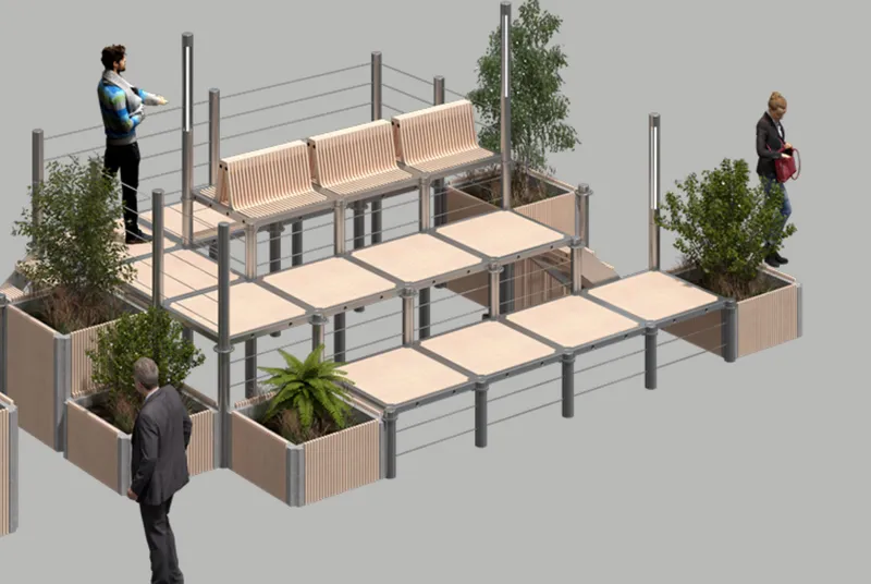 Isometric rendering of a modular seating and planter system with steel frames and timber cladding