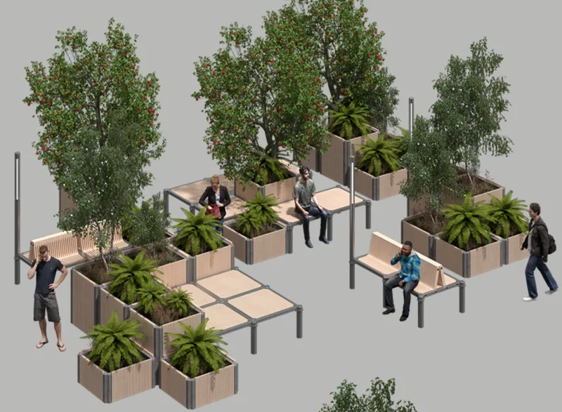 Isometric view of modular benches and planters with mature trees and figures walking through the arrangement