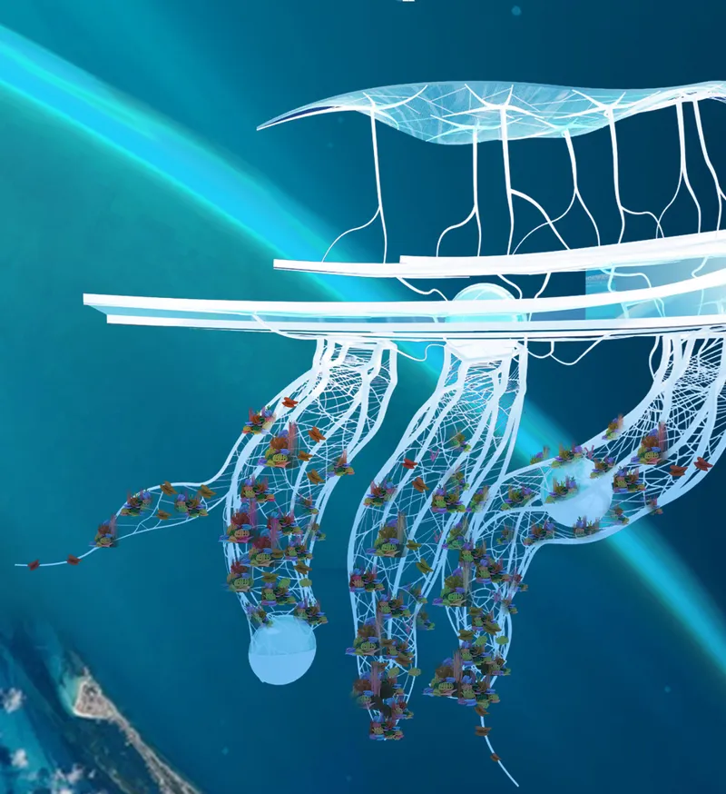 Aerial rendering of a tensile canopy structure suspended over cultivated platforms in open water