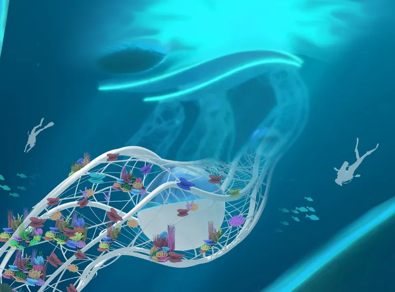 Underwater view of a mesh-enclosed habitat pod with planted coral gardens and divers nearby