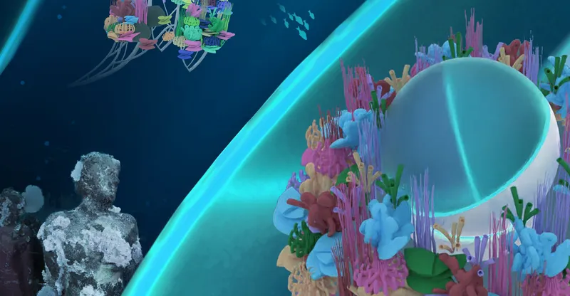 Detail of a curved acrylic portal with coral formations and a figure observing from below
