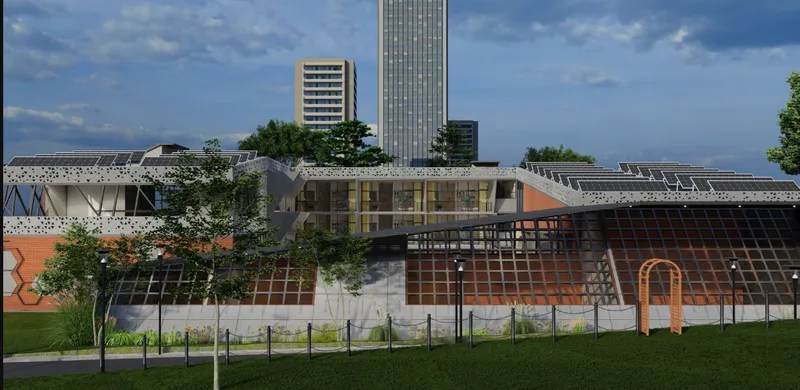 Low-rise building with perforated white canopy, timber louvers, and rooftop gardens under a cloudy sky