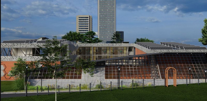 Low-rise building with perforated white canopy, timber louvers, and rooftop gardens under a cloudy sky