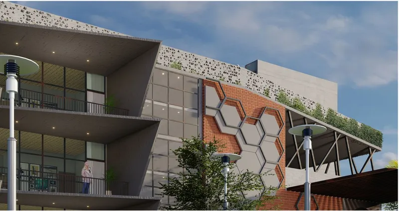 Facade combining balconies, hexagonal terracotta panels, glass curtain wall, and perforated concrete canopy