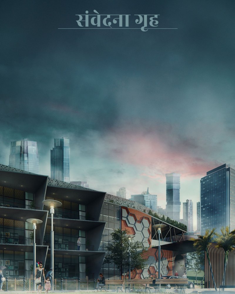 Residential block and hexagonal patterned facade with high-rise towers in the misty distance at dusk