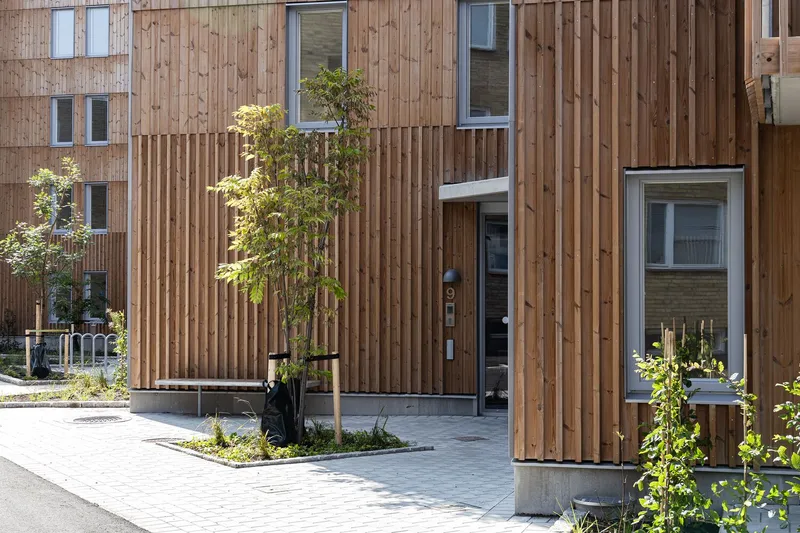 Ground-level entry sequence with vertical timber slat cladding, planted cutouts, and paved pedestrian circulation