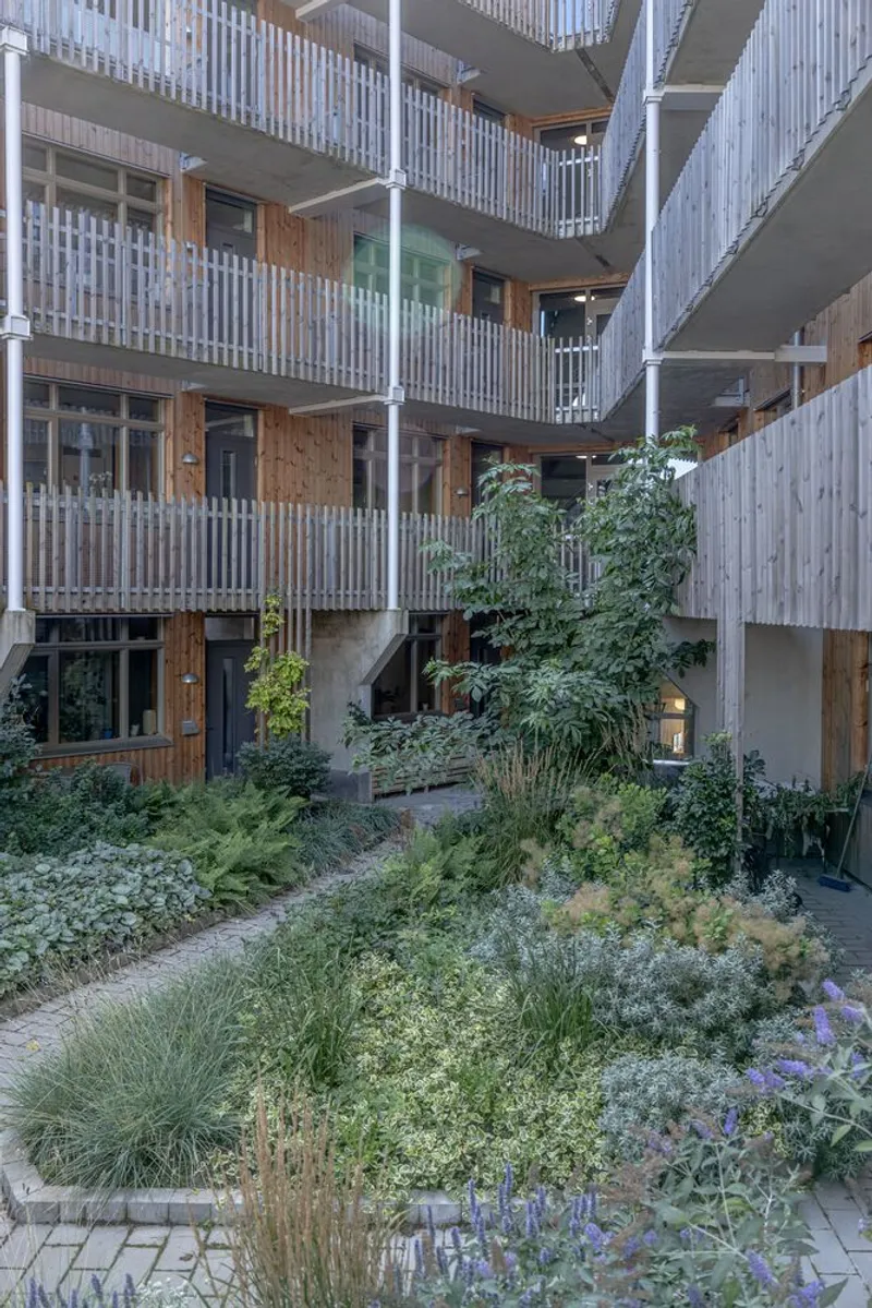 Interior courtyard with dense plantings along paved pathways between concrete balconies and timber cladding at dusk