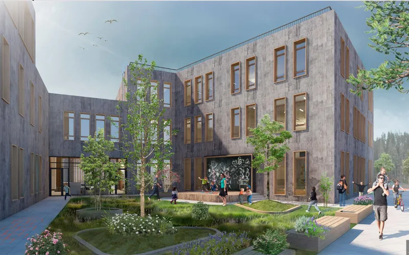 Concrete courtyard with planted beds, young trees and timber bench steps surrounded by glazed facades