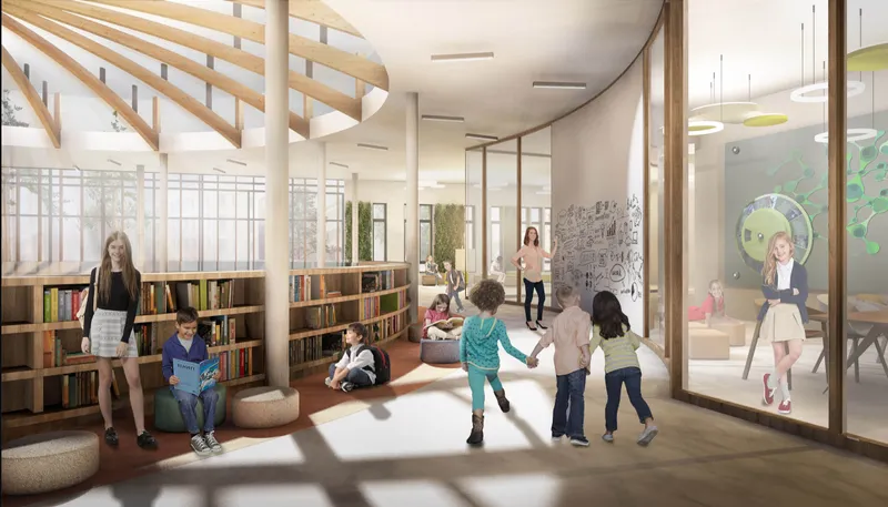 Library space with curved timber ceiling ribs, bookshelves, and children playing under diffused daylight