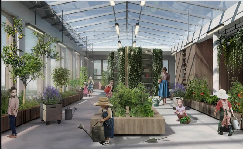 Glazed courtyard with raised planters, potted trees, and overhead steel framing casting striped shadows