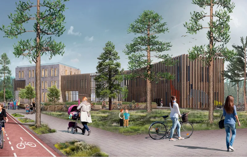 Multi-building ensemble with timber screening and brick wings set within a planted pine landscape