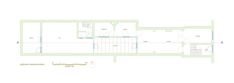 Floor plan drawing showing a linear arrangement of rooms with two staircases and bathrooms