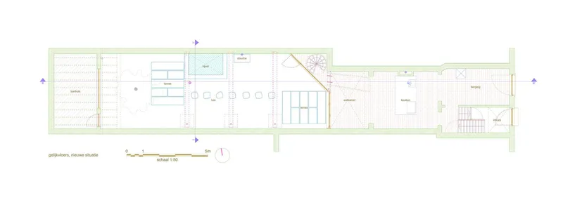 Floor plan drawing showing a central living space with diagonal stair and surrounding terrace areas