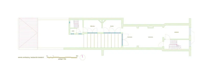Floor plan drawing showing an elongated layout with a central parking area and adjacent bedrooms