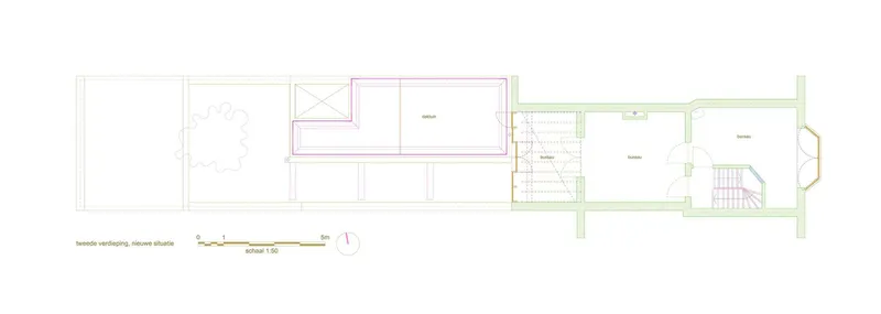 Floor plan drawing showing a new layout with an open workspace and integrated staircase