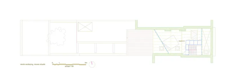 Floor plan drawing showing interior rooms with decking, a staircase, and angled partition walls