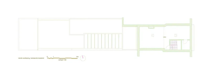 Floor plan drawing showing a linear arrangement of rooms with a central staircase and separated service areas