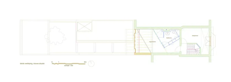 Floor plan drawing showing the new condition with an angled workspace and sleeping area