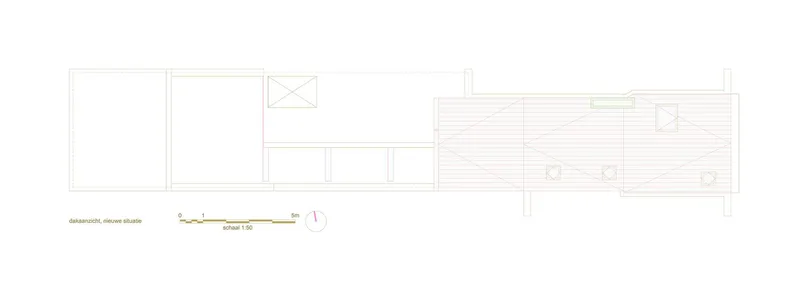 Floor plan drawing showing a linear arrangement with decking, storage elements, and a service core
