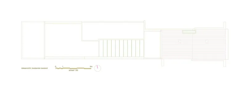 Floor plan drawing showing a linear sequence of spaces with a staircase and an outdoor decking area